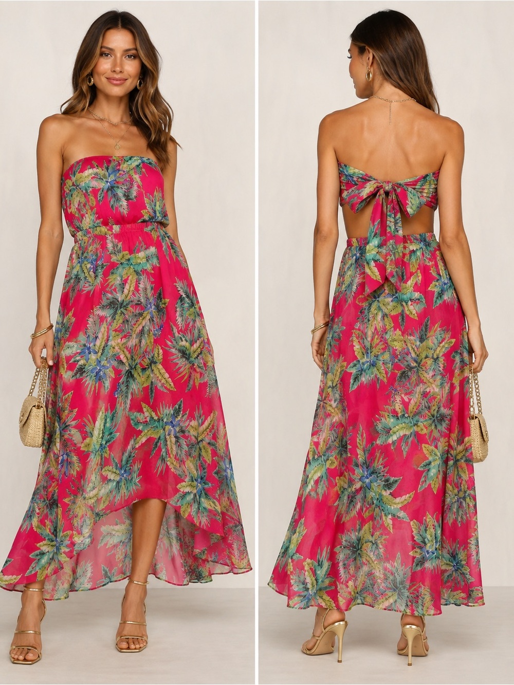 PrettyLittleThing Pink Tropical Strapless Tie-Back Maxi Dress Size 4